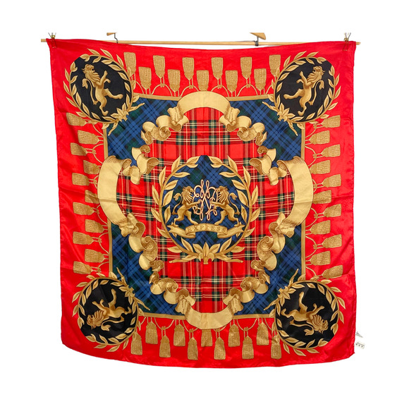 Vtg 80's Express Silk Scarf 34" Square Red Tassels Lions Plaid Preppy Retro Glam - Picture 1 of 7
